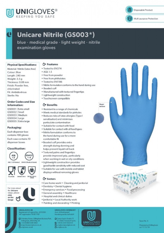 Unicare  Blue Nitrile Gloves (100  Per Box)